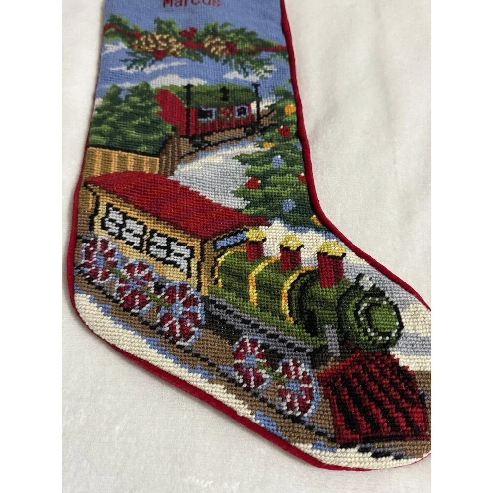 LL BEAN Needlepoint Christmas Stocking Train 100% Wool Front Marcus Holiday